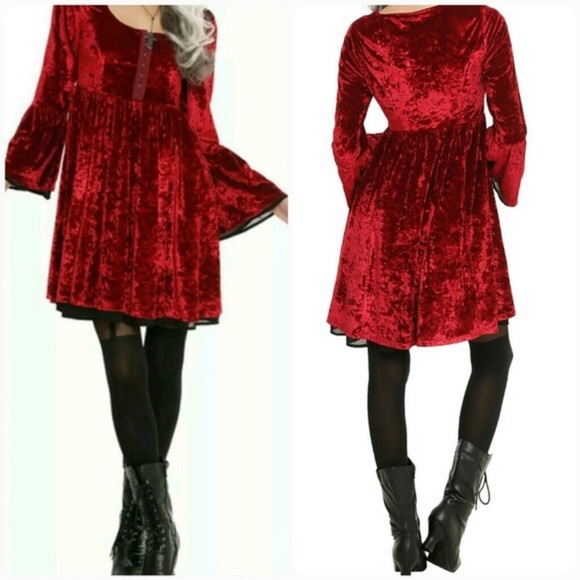 Hot Topic Dresses & Skirts - Hot Topic Red Velvet Dress with Bell Sleeves